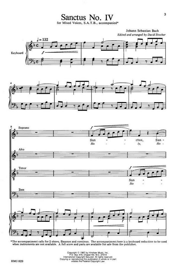 Johann Sebastian Bach, Sanctus No. IV&nbsp;&nbsp;SATB and Keyboard&nbsp;&nbsp;Chorpartitur