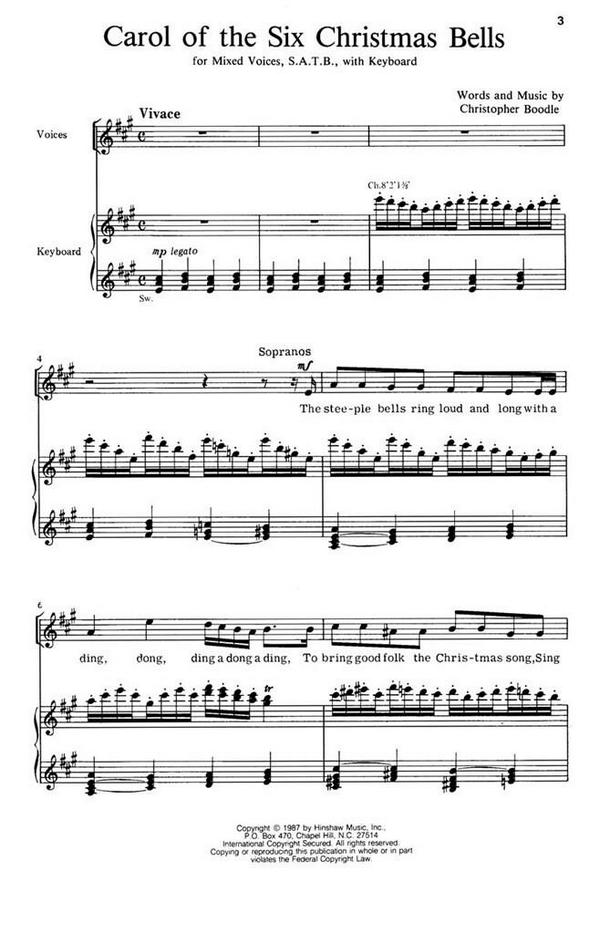 Christopher Boodle, Carol Of The Six Christmas Bells&nbsp;&nbsp;SATB and Keyboard&nbsp;&nbsp;Chorpartitur
