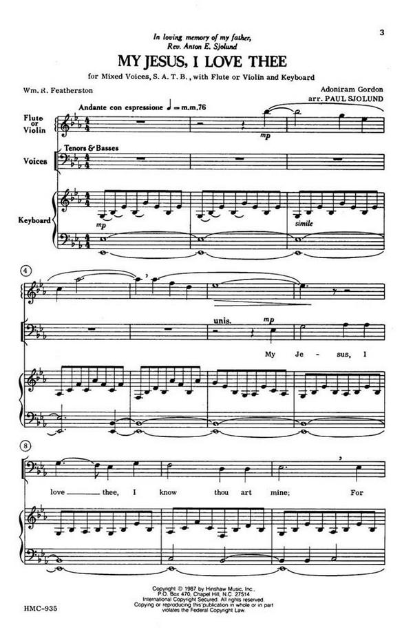 Adoniram J. Gordon, My Jesus, I Love Thee  SATB, Keyboard, Flute Or Violin  Chorpartitur