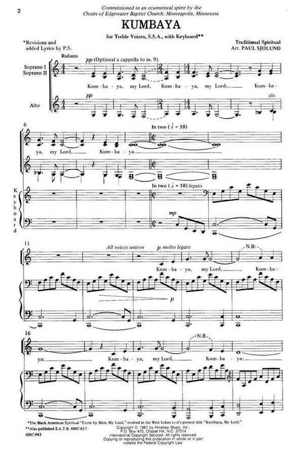 Kumbaya&nbsp;&nbsp;SSA, Keyboard&nbsp;&nbsp;Chorpartitur