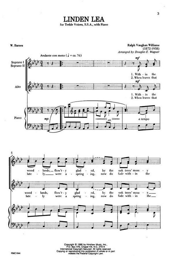 Ralph Vaughan Williams, Linden Lea&nbsp;&nbsp;SSA, Piano&nbsp;&nbsp;Chorpartitur