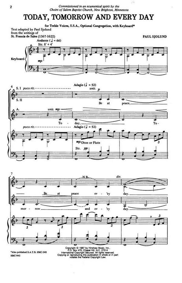 Paul Sjolund, Today, Tomorrow, And Every Day&nbsp;&nbsp;SSA, Optional Congregation, Keyboard&nbsp;&nbsp;Chorpartitur