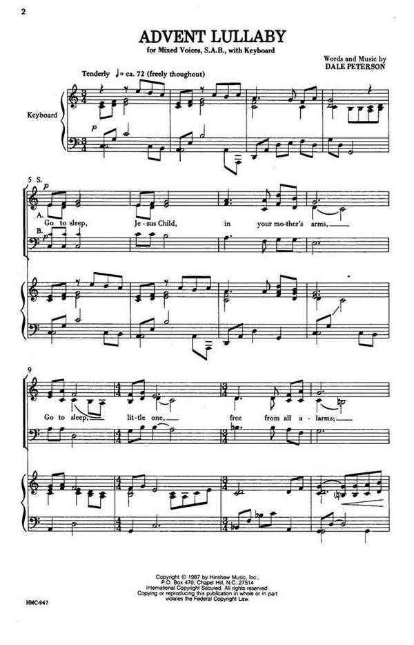 Dale Peterson, Advent Lullaby&nbsp;&nbsp;SAB and Keyboard&nbsp;&nbsp;Chorpartitur