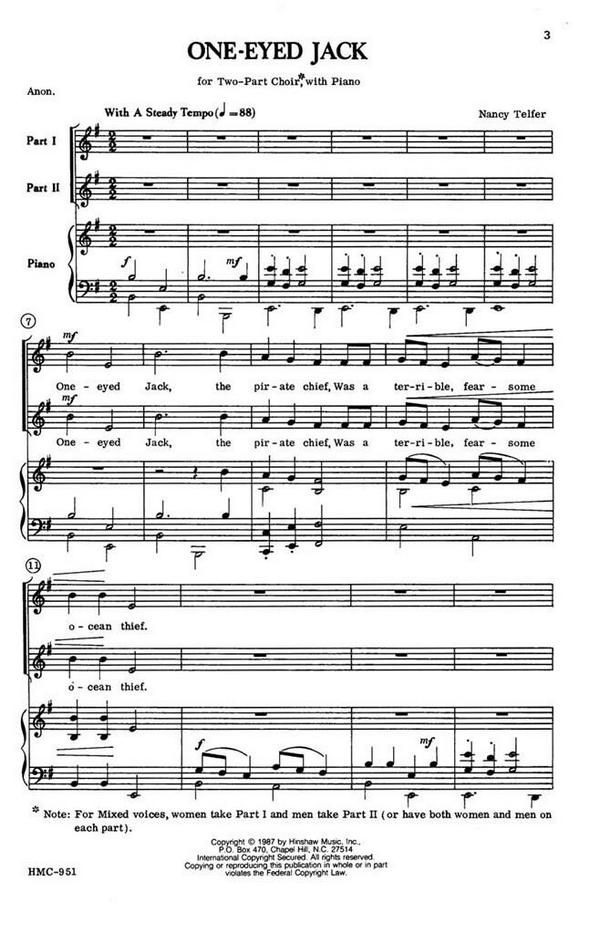 Nancy Telfer, One-Eyed Jack&nbsp;&nbsp;2-Part Choir and Piano&nbsp;&nbsp;Chorpartitur