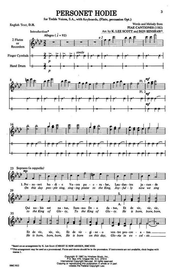 Personent Hodie&nbsp;&nbsp;SA, Keyboard, Flute and Percussion Optional&nbsp;&nbsp;Chorpartitur
