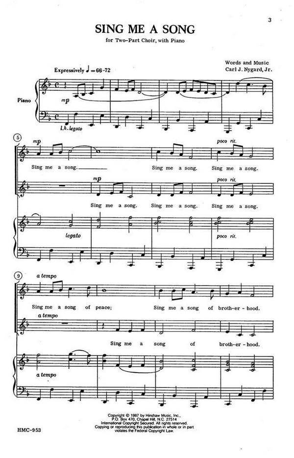 Carl Nygard, Sing Me A Song&nbsp;&nbsp;2-Part Choir and Piano&nbsp;&nbsp;Chorpartitur
