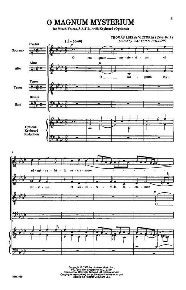 Tomás Luis de Victoria, O Magnum Mysterium&nbsp;&nbsp;SATB and Keyboard&nbsp;&nbsp;Chorpartitur
