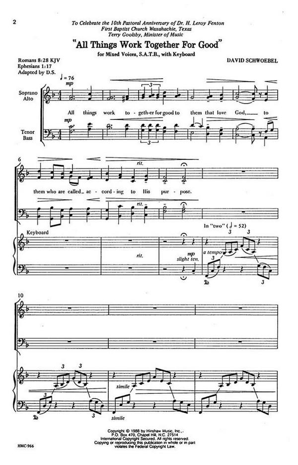 David Schwoebel, All Things Work Together For Good&nbsp;&nbsp;SATB and Keyboard&nbsp;&nbsp;Chorpartitur