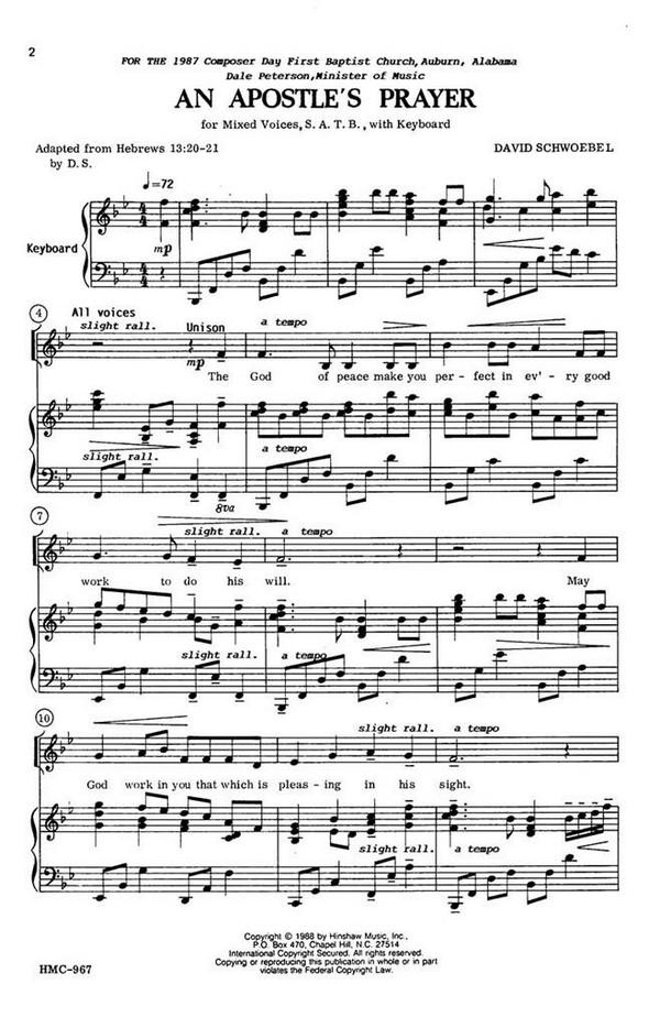 David Schwoebel, An Apostle's Prayer&nbsp;&nbsp;SATB and Keyboard&nbsp;&nbsp;Chorpartitur