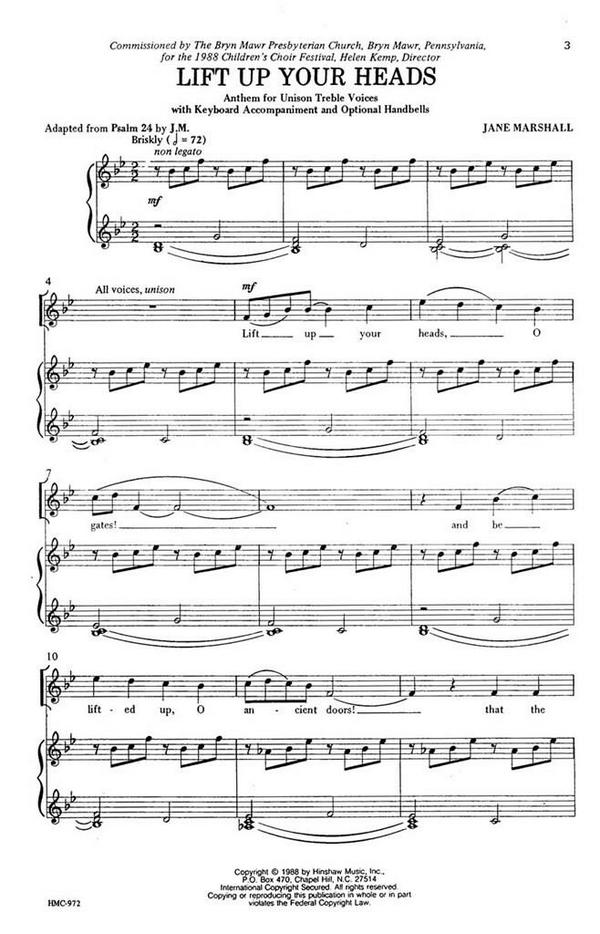 Jane Marshall, Lift Up Your Heads&nbsp;&nbsp;Unison [Treble Voices], Keyboard, Optional Handbells&nbsp;&nbsp;Chorpartitur