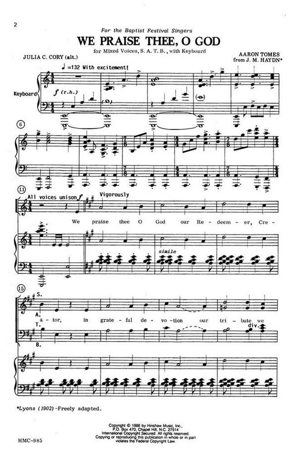 Aaron Tomes, We Praise Thee, O God  SATB and Keyboard  Chorpartitur