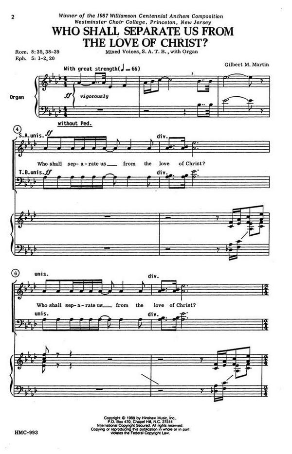 Gilbert Martin, Who Shall Separate Us From The Love Of Christ?&nbsp;&nbsp;SATB and Organ&nbsp;&nbsp;Chorpartitur