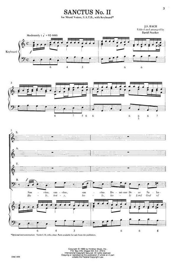 Johann Sebastian Bach, Sanctus No. II&nbsp;&nbsp;SATB and Keyboard&nbsp;&nbsp;Chorpartitur