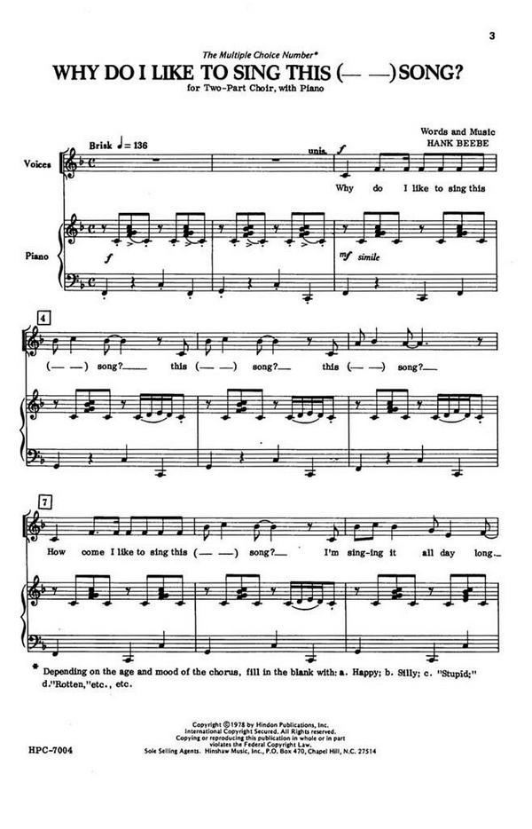 Hank Beebe, Why Do I Like To Sing This... Song?&nbsp;&nbsp;2-Part Choir and Piano&nbsp;&nbsp;Chorpartitur