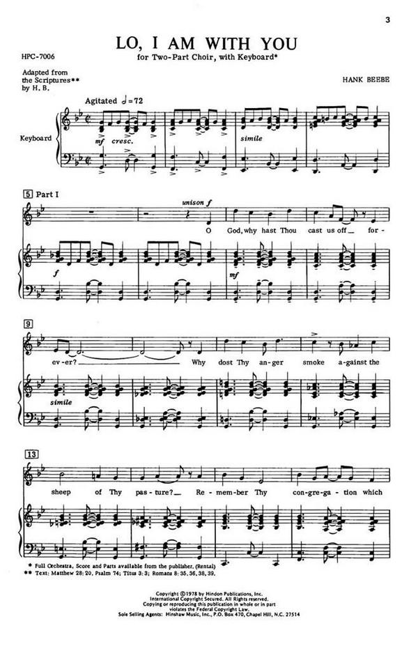 Hank Beebe, Lo, I Am With You&nbsp;&nbsp;2-Part Choir and Keyboard&nbsp;&nbsp;Chorpartitur