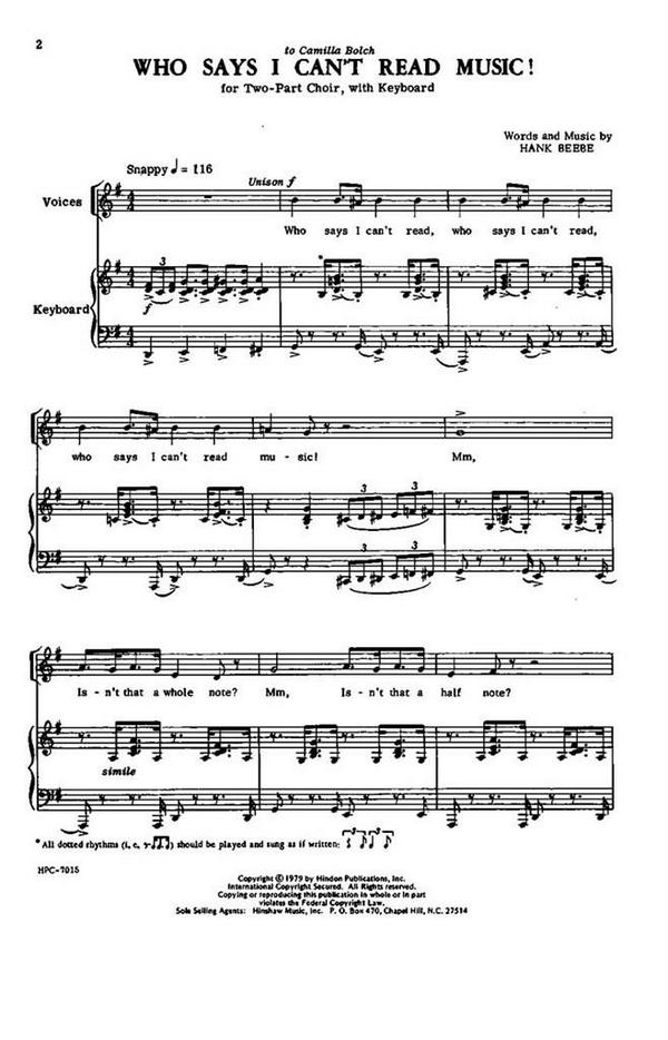 Hank Beebe, Who Says I Can't Read Music!&nbsp;&nbsp;2-Part Choir and Keyboard&nbsp;&nbsp;Chorpartitur