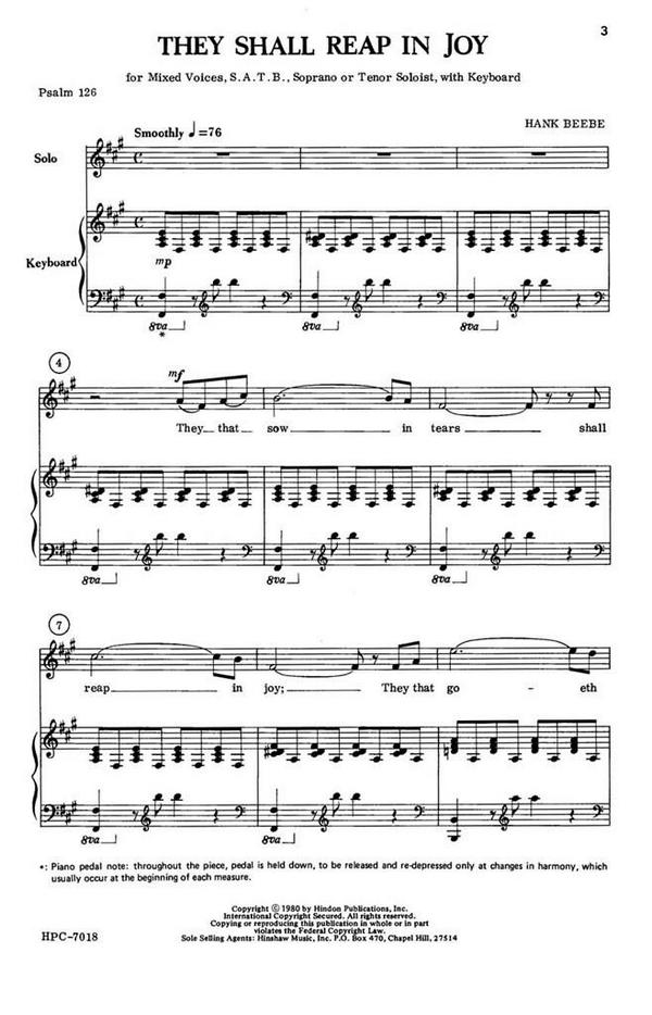 Hank Beebe, They Shall Reap In Joy&nbsp;&nbsp;SATB, Soprano or Tenor Solo, Keyboard&nbsp;&nbsp;Chorpartitur