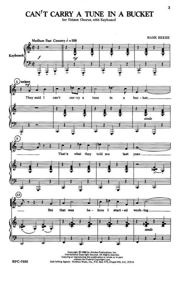 Hank Beebe, Can't Carry A Tune In A Bucket&nbsp;&nbsp;Unison, Keyboard&nbsp;&nbsp;Chorpartitur