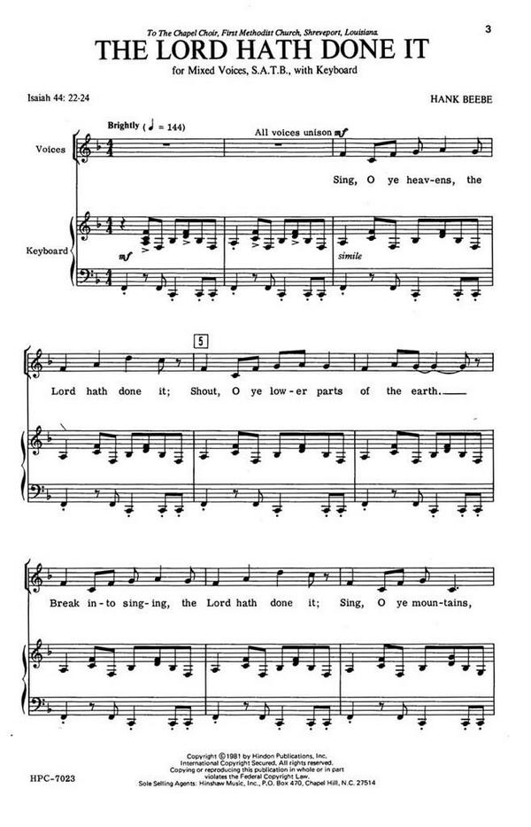 Hank Beebe, The Lord Hath Done It&nbsp;&nbsp;SATB and Keyboard&nbsp;&nbsp;Chorpartitur