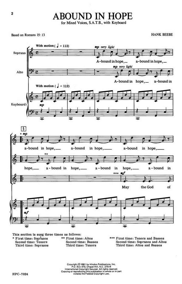 Hank Beebe, Abound In Hope&nbsp;&nbsp;SATB and Keyboard&nbsp;&nbsp;Chorpartitur