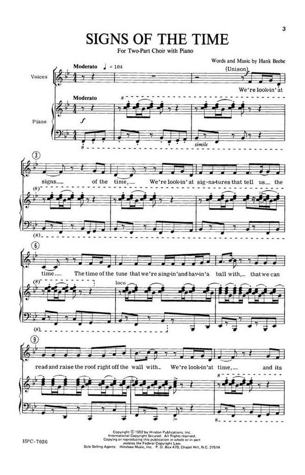 Hank Beebe, Signs Of The Time&nbsp;&nbsp;2-Part Choir and Piano&nbsp;&nbsp;Chorpartitur