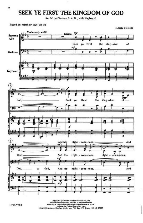Hank Beebe, Seek Ye First The Kingdom Of God&nbsp;&nbsp;SAB and Keyboard&nbsp;&nbsp;Chorpartitur
