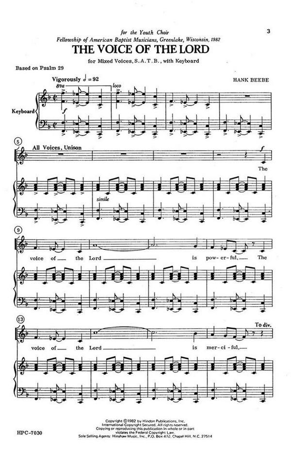 Hank Beebe, The Voice Of The Lord&nbsp;&nbsp;SATB and Keyboard&nbsp;&nbsp;Chorpartitur