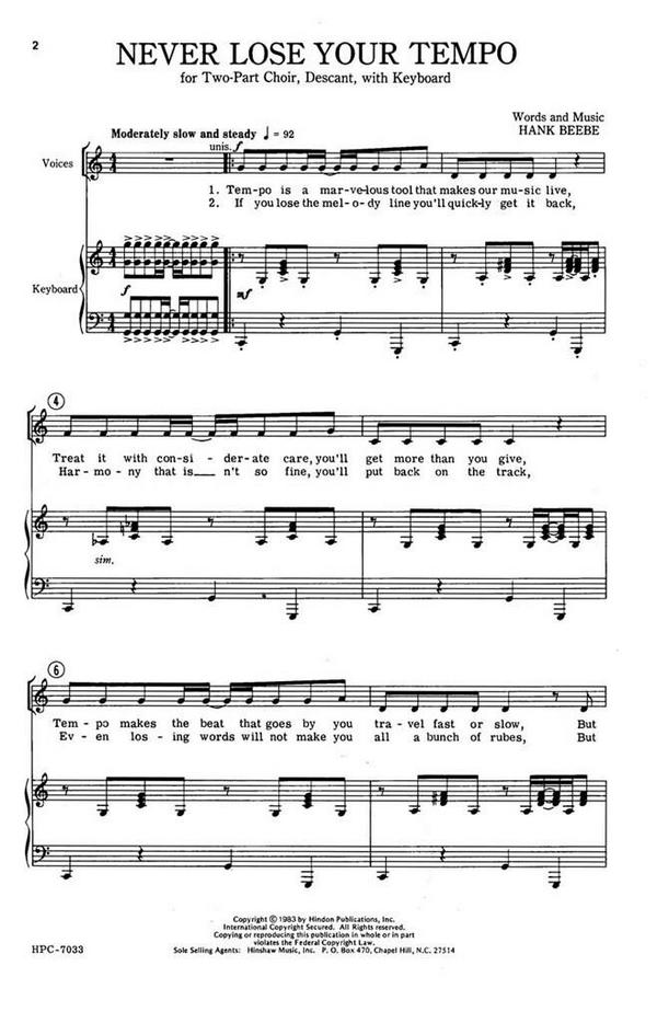 Hank Beebe, Never Lose Your Tempo&nbsp;&nbsp;TWO-Part, descant, Keyboard&nbsp;&nbsp;Chorpartitur