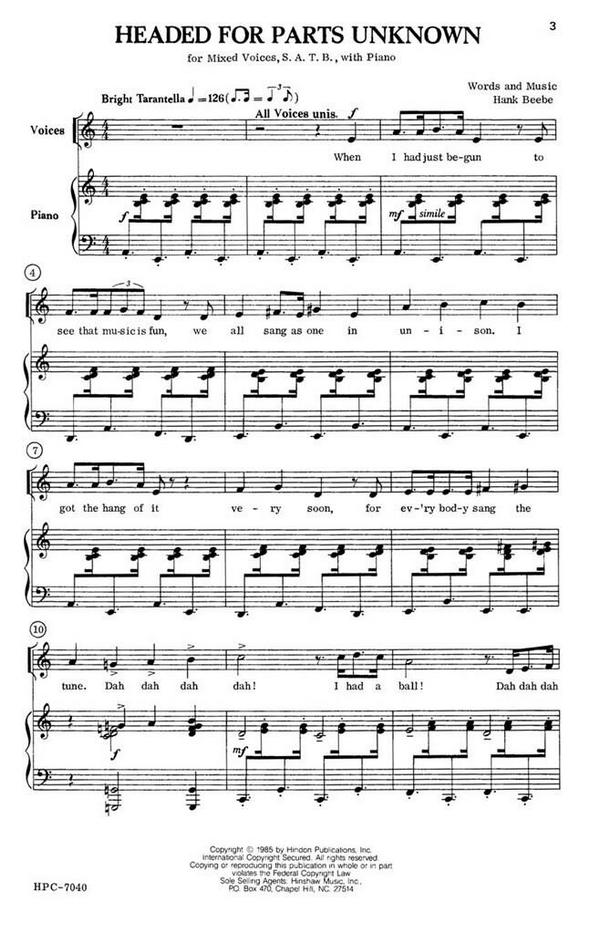 Hank Beebe, Headed For Parts Unknown&nbsp;&nbsp;SATB, Piano&nbsp;&nbsp;Chorpartitur