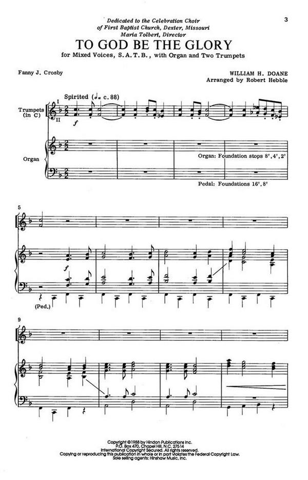 William Howard Doane, To God Be The Glory&nbsp;&nbsp;SATB and Organ&nbsp;&nbsp;Chorpartitur