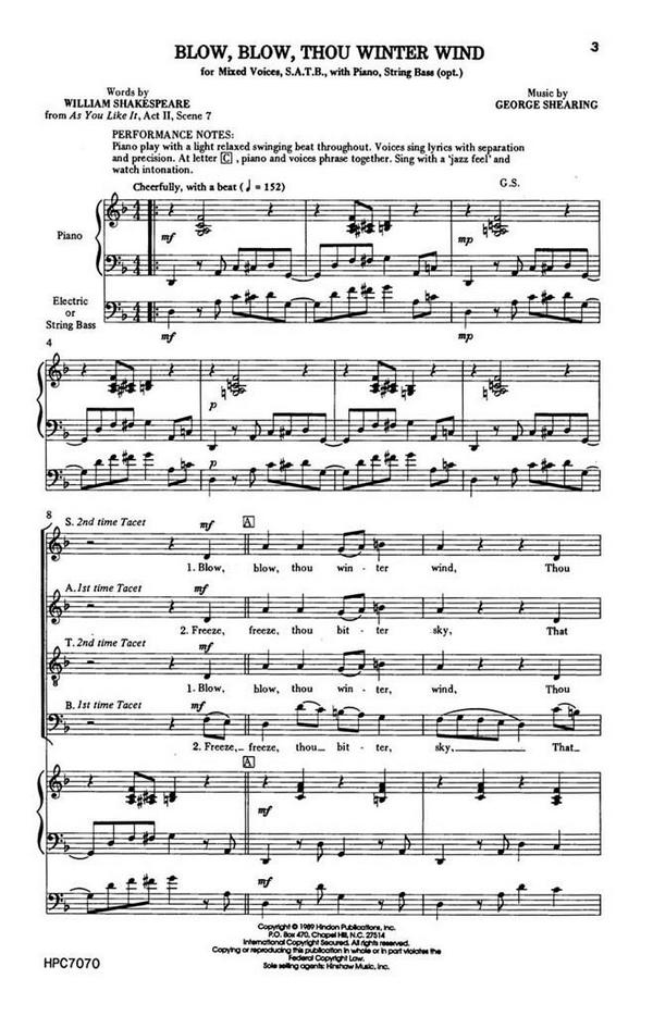 George Shearing, Blow, Blow, Thou Winter Wind&nbsp;&nbsp;SATB, Piano, Optional Bass&nbsp;&nbsp;Chorpartitur