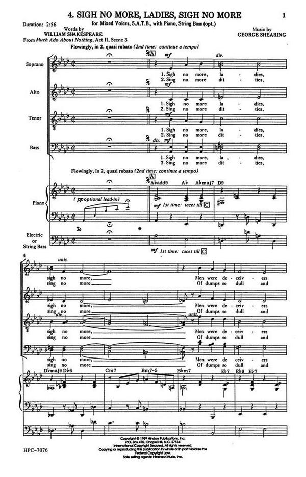 George Shearing, Sigh No More, Ladies, Sigh No More&nbsp;&nbsp;SATB, Piano, Optional Bass&nbsp;&nbsp;Chorpartitur