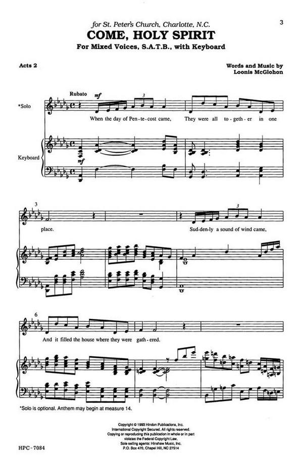Loonis McGlohon, Come, Holy Spirit&nbsp;&nbsp;SATB and Keyboard&nbsp;&nbsp;Chorpartitur