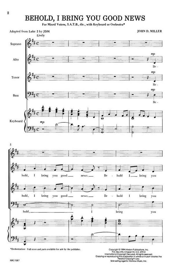 John Miller, Behold I Bring You Good News&nbsp;&nbsp;SATB, Keyboard, Optional Orchestra&nbsp;&nbsp;Chorpartitur