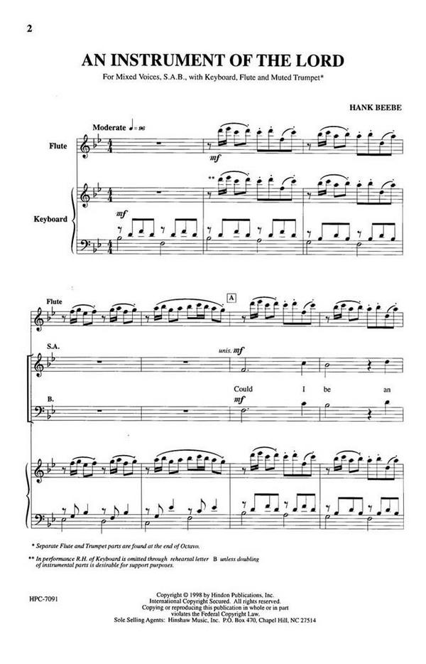 Hank Beebe, An Instrument Of The Lord&nbsp;&nbsp;SAB, Keyboard, Flute, Muted Trumpet&nbsp;&nbsp;Chorpartitur