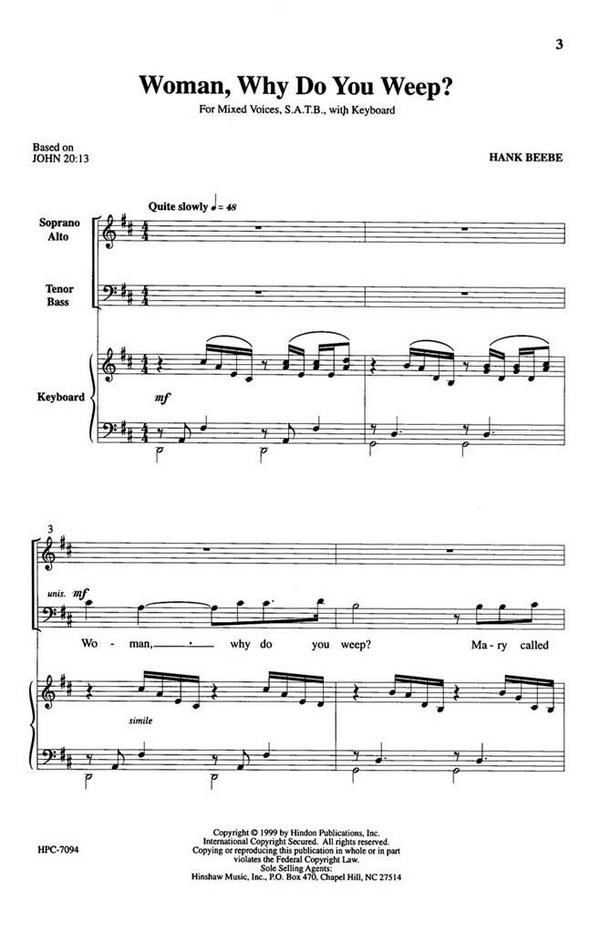 Hank Beebe, Woman, Why Do You Weep?&nbsp;&nbsp;SATB and Keyboard&nbsp;&nbsp;Chorpartitur