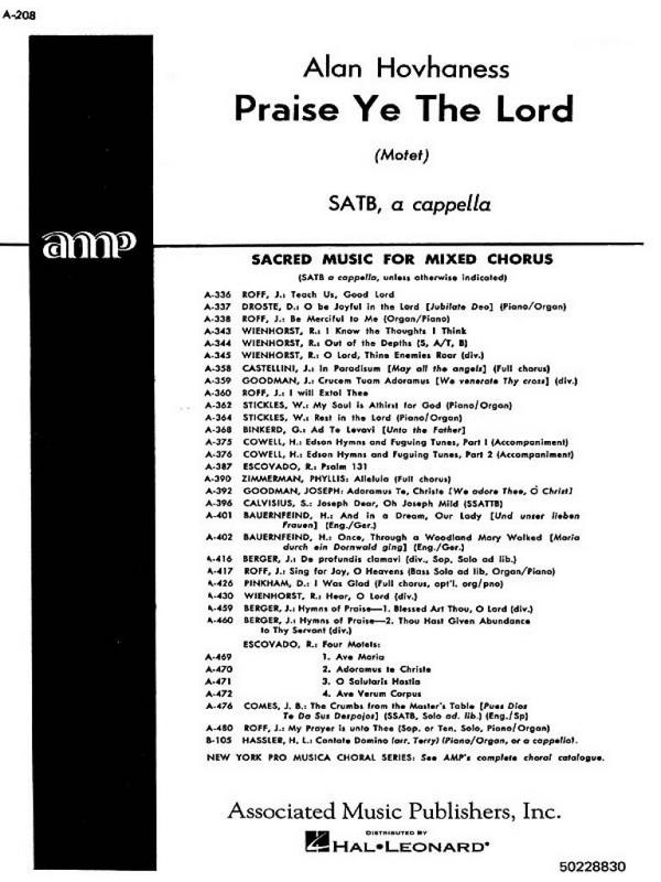 A Hovhaness, Praise Ye The Lord  SATB  Chorpartitur
