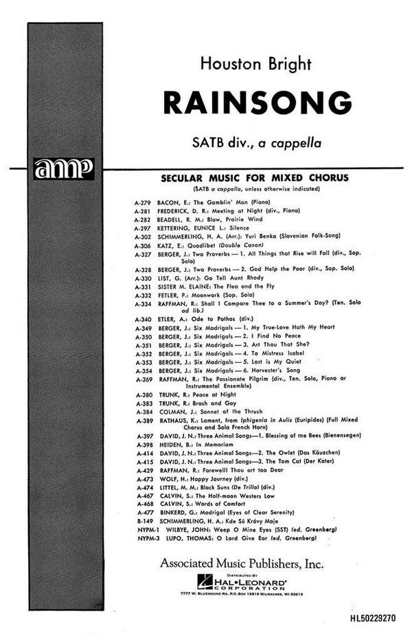 H Bright, Rainsong A Cappella  SATB  Chorpartitur