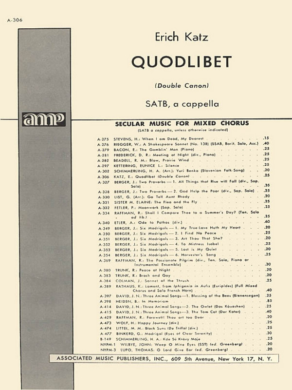 E Katz, Quodlibet Unac (Double Cannon) SATB A Cappella  SATB  Chorpartitur