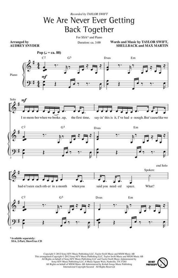 We Are Never Ever Getting Back Tog  for female choir (SSA) and piano  choral score