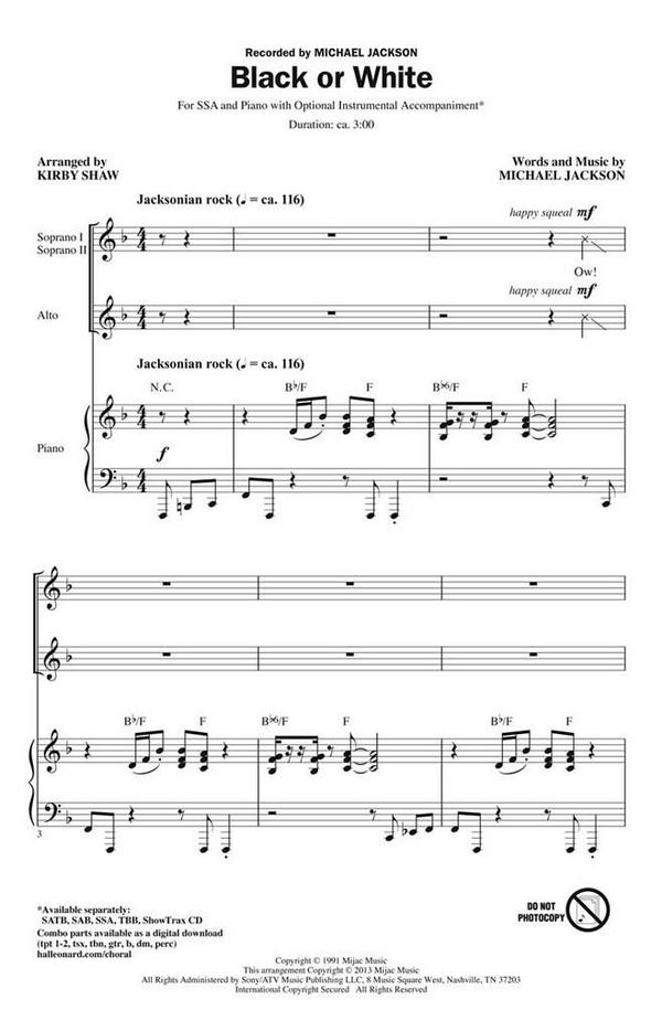 Black or White&nbsp;&nbsp;SSA&nbsp;&nbsp;Chorpartitur
