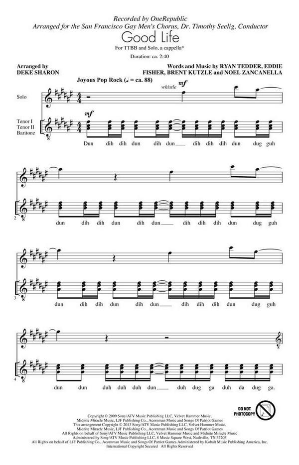 Brent Kutzle_Eddie Fisher_Noel Zancanella_Ryan Tedder, Good Life&nbsp;&nbsp;TTBB a Cappella&nbsp;&nbsp;Chorpartitur