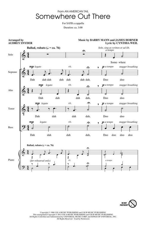 Barry Mann_James Horner, Somewhere Out There&nbsp;&nbsp;SATB a Cappella&nbsp;&nbsp;Chorpartitur