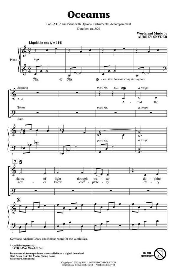 Audrey Snyder, Oceanus&nbsp;&nbsp;SATB&nbsp;&nbsp;Chorpartitur