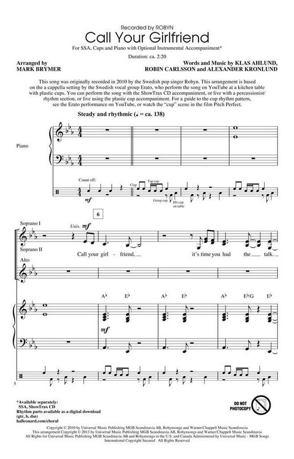 Alexander Kronlund_Klas Ahlund_Robin Carlsson, Call Your Girlfriend&nbsp;&nbsp;SSA&nbsp;&nbsp;Chorpartitur