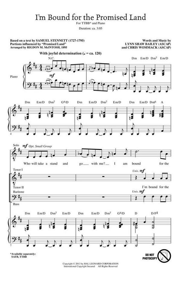 Chris Wommack_Lynn Shaw Bailey, I'm Bound for the Promised Land&nbsp;&nbsp;TTBB&nbsp;&nbsp;Chorpartitur