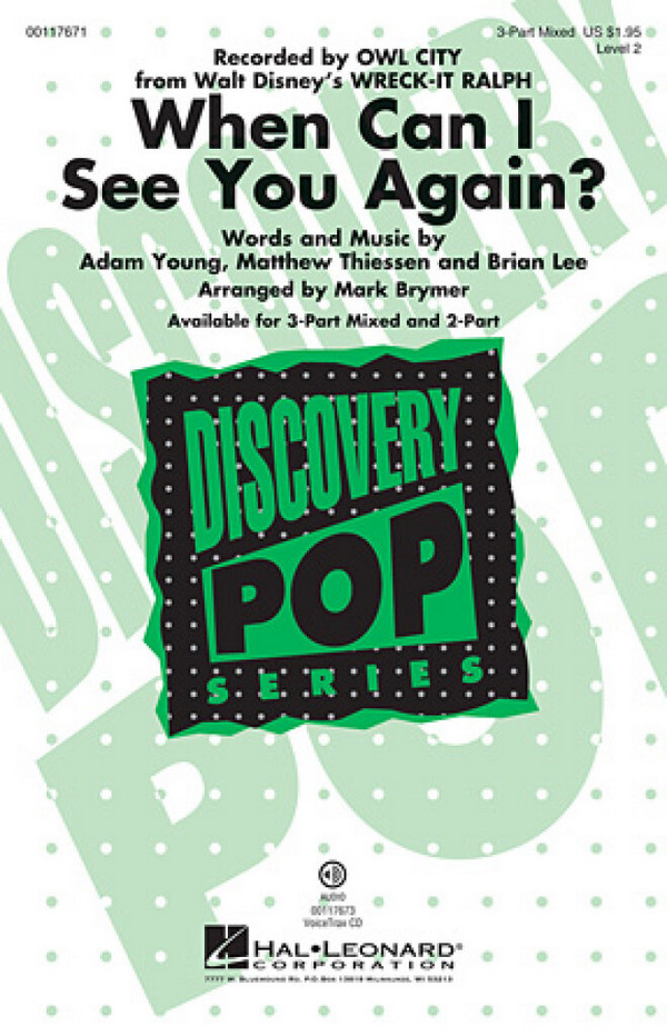 Adam Young_Brian Lee_Matthew Thiessen, When Can I See You Again?&nbsp;&nbsp;2-Part Choir and Piano&nbsp;&nbsp;Chorpartitur