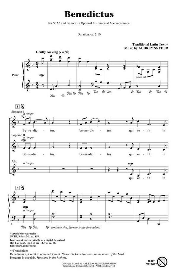 Audrey Snyder, Benedictus&nbsp;&nbsp;SSA&nbsp;&nbsp;Chorpartitur