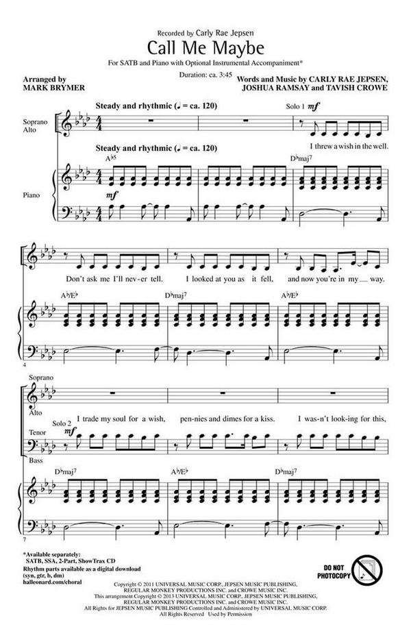 Call Me Maybe&nbsp;&nbsp;for mixed chorus and piano&nbsp;&nbsp;chorus score