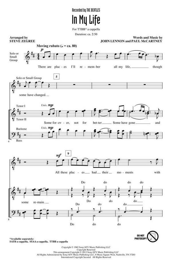 In My Life&nbsp;&nbsp;for male choir TTBB a Cappella&nbsp;&nbsp;choral score